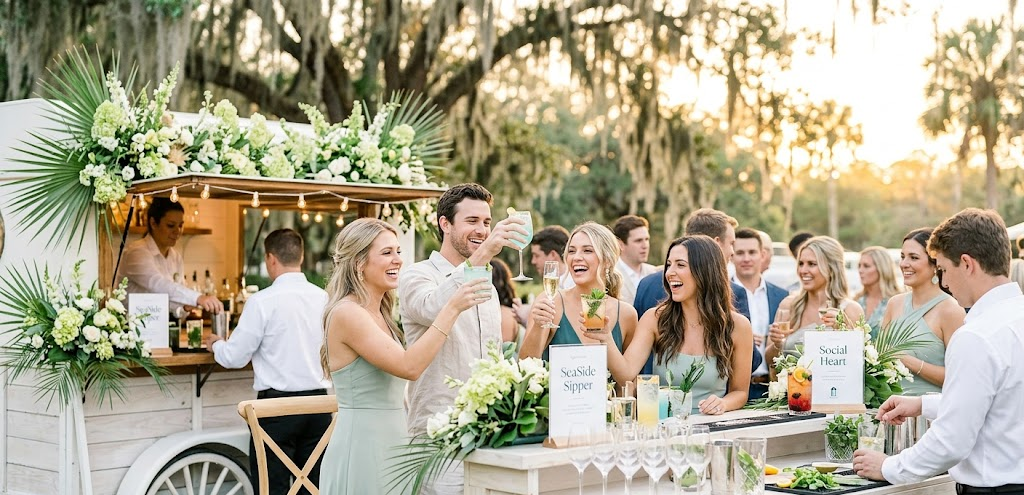 Lively wedding guests laughing and toasting cocktails at a luxury SeaSide Sipper mobile bar in Florida