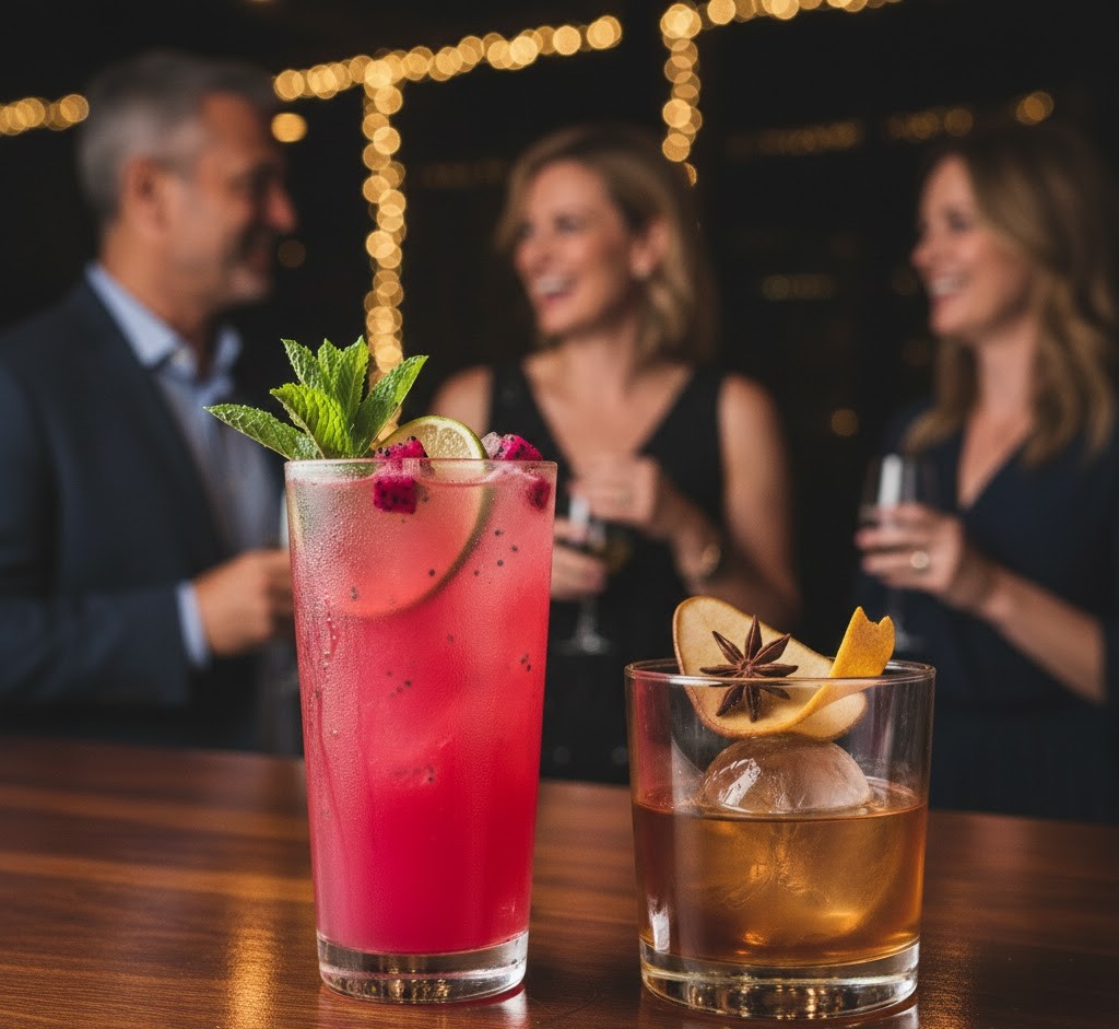 Two handcrafted cocktails on a wooden bar: a bright pink fruit‑mint refresher and a pear‑spiced old fashioned with a sphere ice cube.