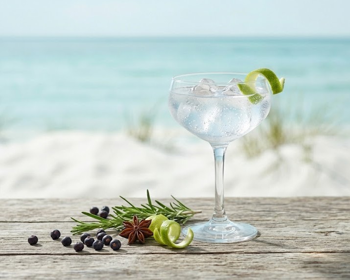 Botanical coastal gin category image with herbs and soft light