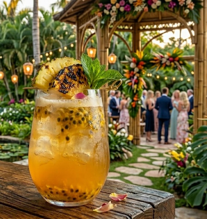 Vibrant zero-proof tropical drink with passion fruit and pineapple in a festive coastal setting