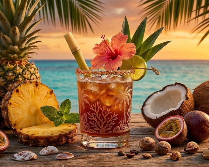 Warm tropical coastal rum category image with citrus and sunlight