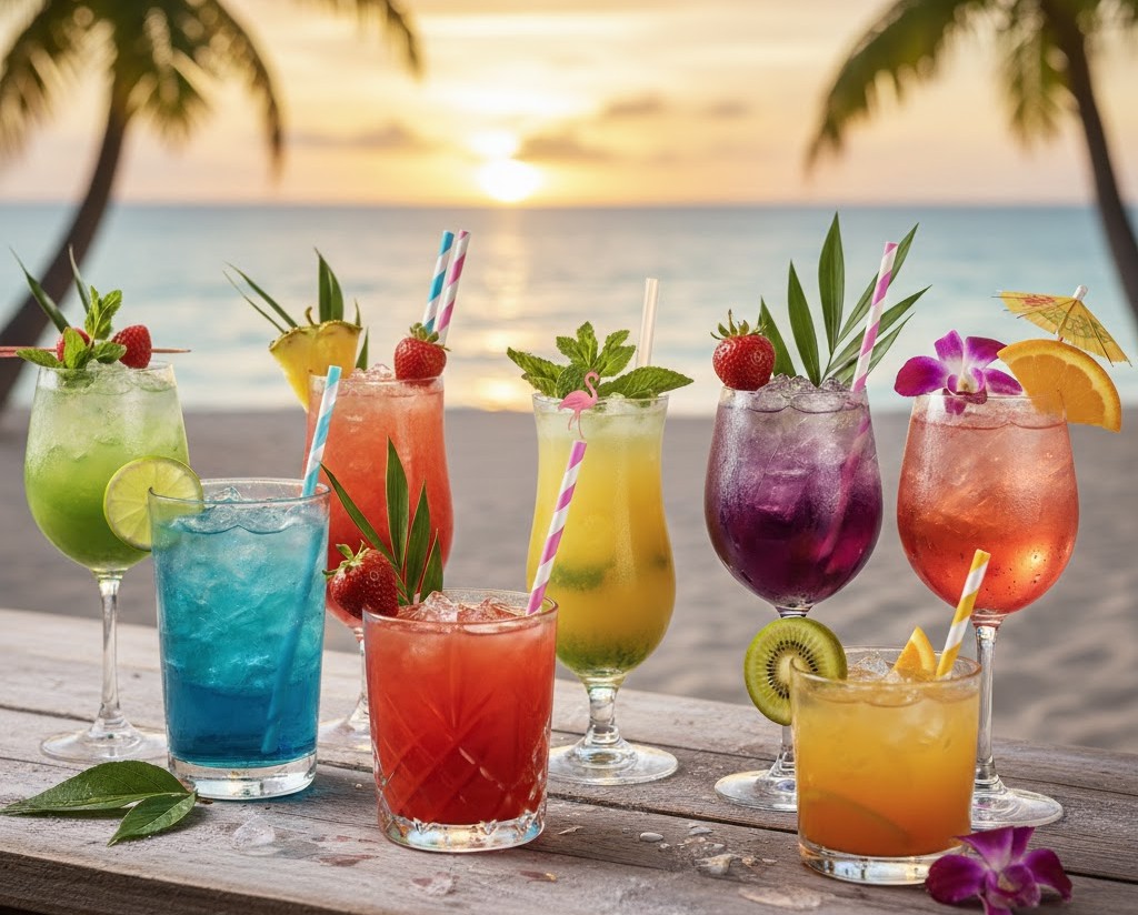 A colorful lineup of tropical cocktails on a wooden table by the beach at sunset, garnished with fresh fruit and umbrellas