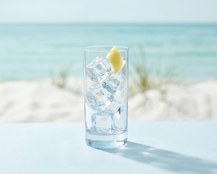 Crisp coastal vodka category image with citrus and ice